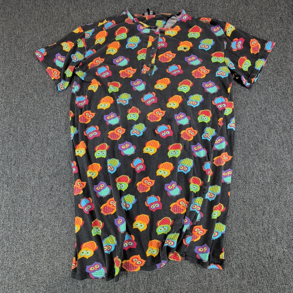 Owl Print Henley Sleep Shirt Cocoom One Size Black Multicolor Womens 100% Cotton